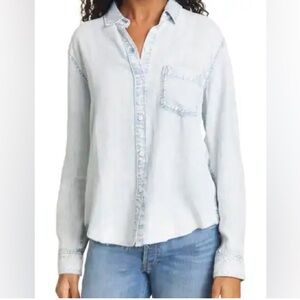 Zara Women’s Light Blue Casual Button Down Shirt Faux Lightwash Denim Frayed Hem